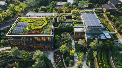 A conference venue in an ecological village, There are solar panels on the roof, Looking down from a drone perspective. Generative AI.
