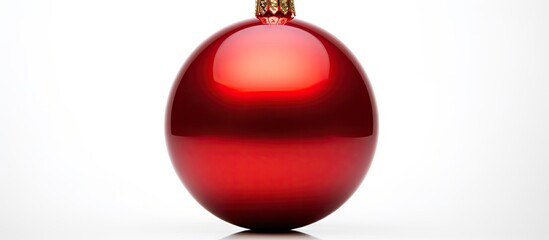 A red Christmas bauble shines brightly standing alone on a white background with ample space available for additional text or images