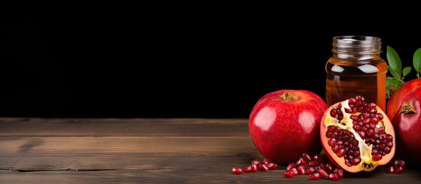 Traditional Rosh Hashana delicacies like pomegranate honey and apple are beautifully showcased on an old wooden background offering a captivating copy space image - Powered by Adobe