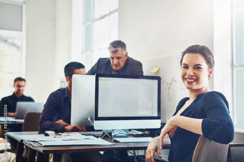 Poster woman, portrait and happy in office with computer for research and product development for company w