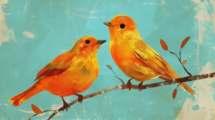 Inquisitive charming birds in shades of orange and yellow against a blue backdrop
