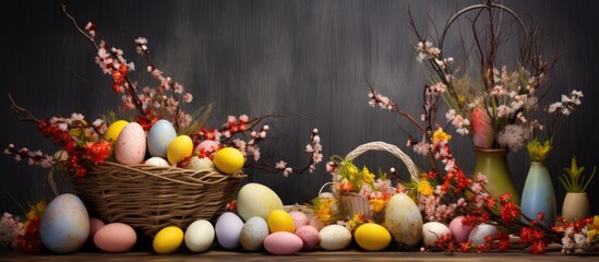 The wooden surface showcases a delightful arrangement of Easter eggs some blank and others painted surrounded by catkins and a basket creating a vibrant copy space image - Powered by Adobe