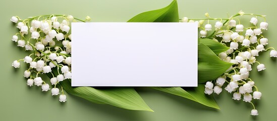 On a white background there is a stunning arrangement of lily of the valley flowers alongside a blank card ready for a message copy space image
