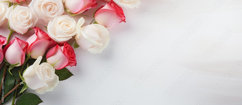 Poster top view of a light background with a bouquet of pink and white roses representing occasions like mo