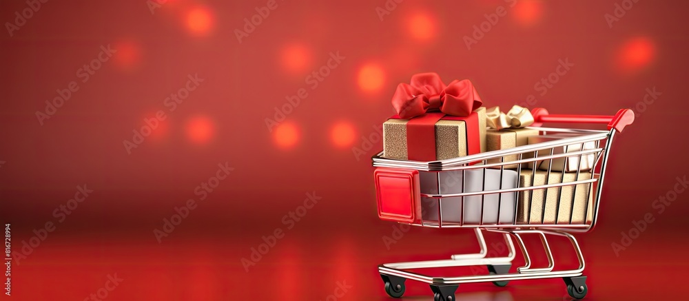 Aufkleber A shopping cart held by a man contains a red gift box symbolizing the festive ideas of shopping discounts sales and various holidays The image allows for copy space
