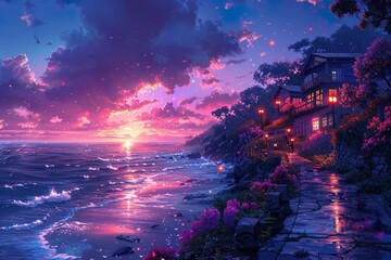 Summer night, seaside road high definition wallpaper, whimsical comic style, soft dreamy tones,