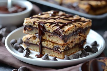 Stack of chocolate chip cookie bars with chocolate drizzle on a white plate. Close-up food photography. Delicious dessert and indulgence concept for design and print.