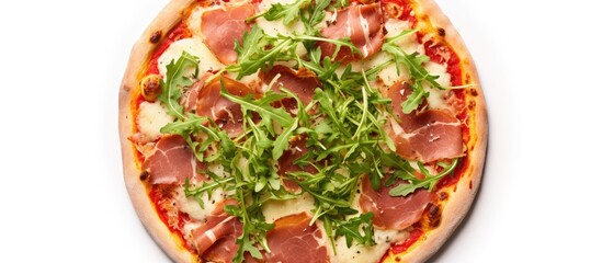 Top view of a pizza with mozzarella salami chicken bacon and fresh arugula salad over a white background There is copy space available