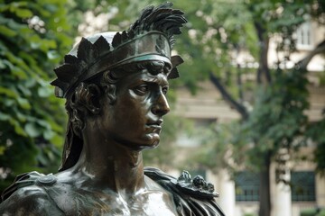 A statue of a man with a feather on his head. Suitable for historical or cultural themes