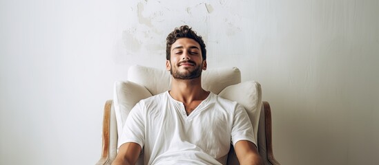 Relaxed Arab man sitting in armchair against white studio wall copy space image Handsome Middle Eastern guy peacefully enjoying weekend morning resting with hands behind head