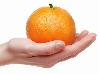 Fresh Orange Held in Hand Against White Background