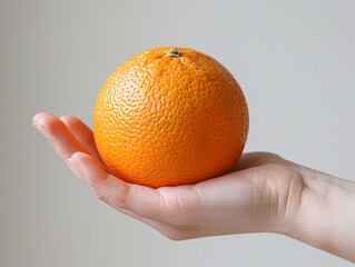 Hand Presenting an Orange on a Seamless White Background