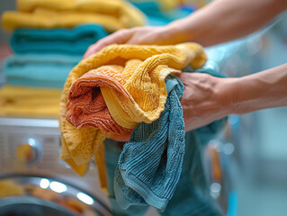 Colorful Towels Being Loaded into a Washing Machine