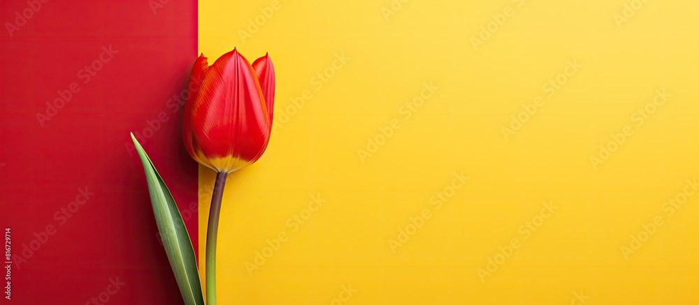 Leinwandbilder yellow tulip with top view and isolated on red background perfect for a copy space image