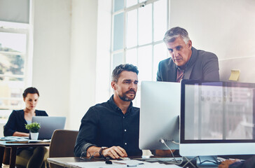 Businessman, coach and team with computer in finance, stock market or corporate investment at...