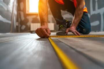 A man measuring the width of a wooden floor. Suitable for home improvement projects