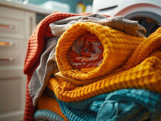 Colorful Knitted Blankets in Laundry Basket
