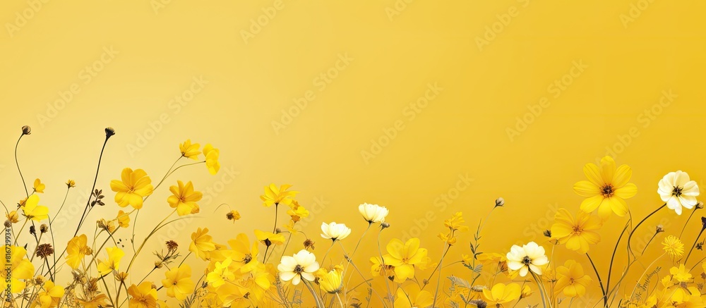 Poster A stunning display of spring wildflowers on a vibrant yellow backdrop adding an enchanting touch to the scene A perfect copy space image
