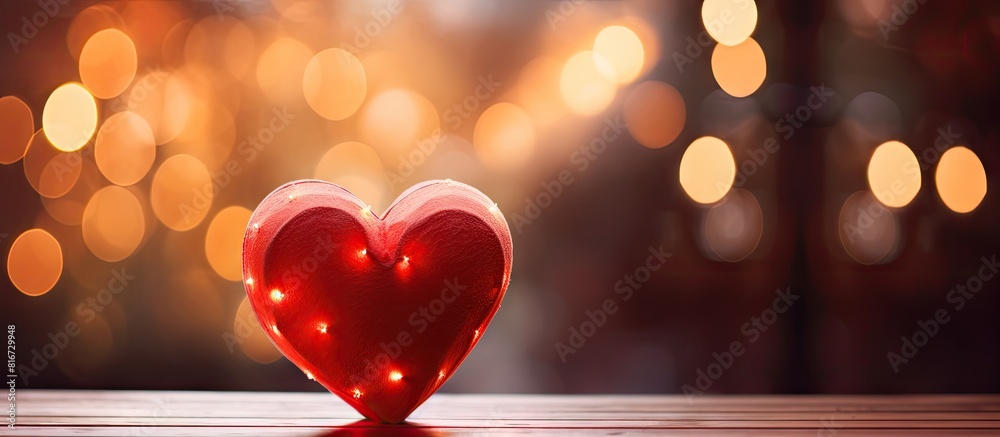 Poster A red wooden heart shape with blurred heart shaped lights in the background captured in a close up image with ample space for text or other elements