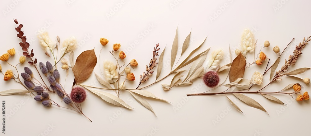 Poster Top view of a beige background with a flat lay arrangement of dry flowers and a dried branch Perfect for a mockup with copy space
