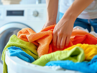 Loading Colorful Laundry into a Washing Machine
