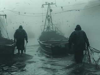 Fishermen Working in Foggy Harbor