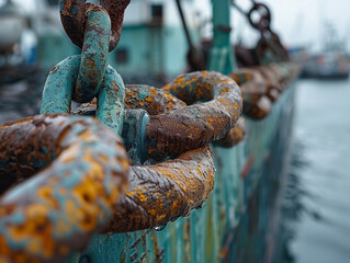 Close-Up of Rusty Chains on Ship Deck