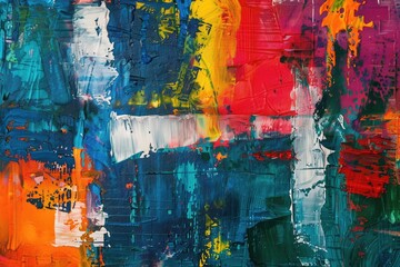 Fototapeta premium Vibrant painting with multiple colors of paint splattered on canvas. Perfect for artistic projects or backgrounds