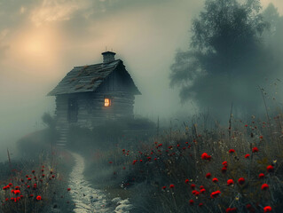 Misty Sunrise over Solitary Cottage