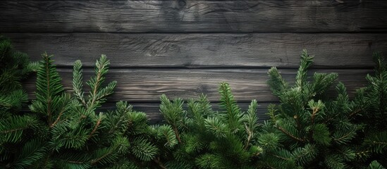 Copy space image of a rustic backdrop adorned with lush fir branches
