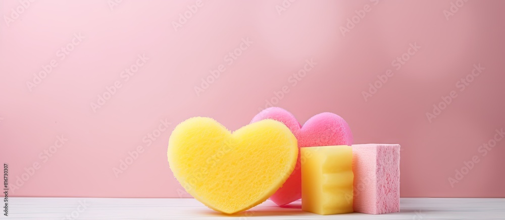 Poster yellow dishwashing sponges detergent gel and a soft pink heart are displayed in the image providing 