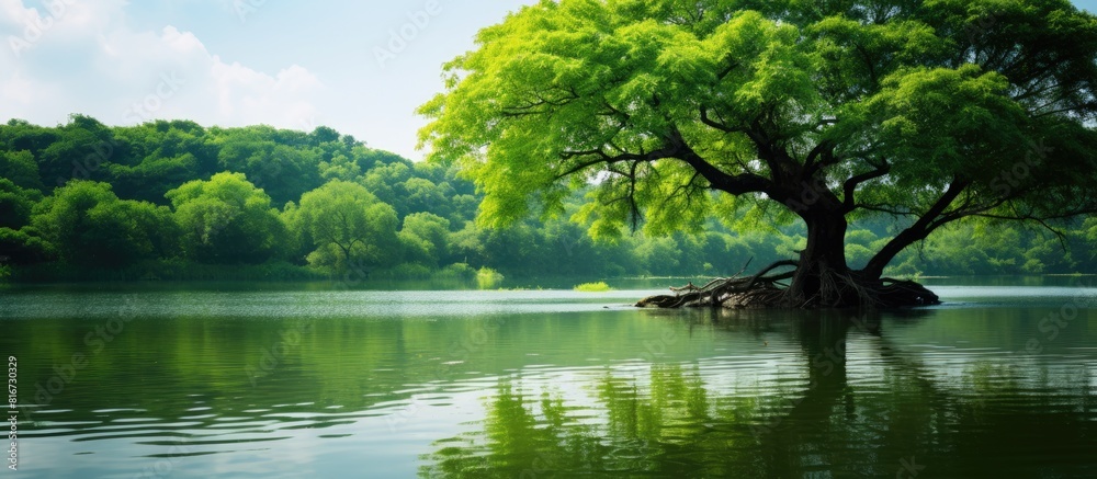 Poster a serene pond with vibrant green leaves calm water and a majestic tree reflecting its image on the s