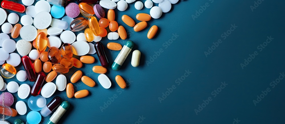 Aufkleber top view of various medicines for flu illnesses cold and cough displayed on a blue table with tablet