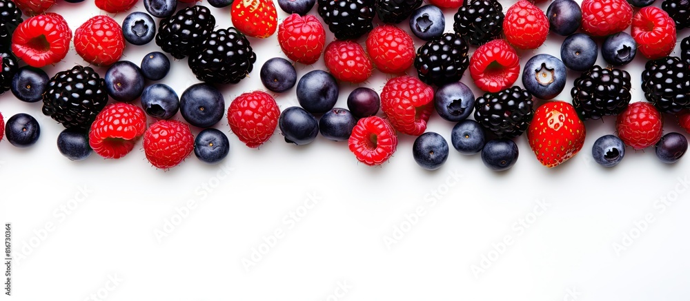 Poster Top view of a fresh berries pattern isolated on a white background with copy space image