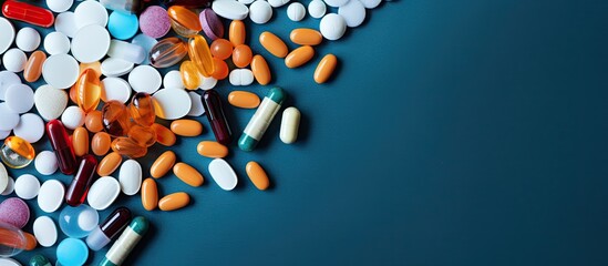 Top view of various medicines for flu illnesses cold and cough displayed on a blue table with tablets Ample space for a copy space image