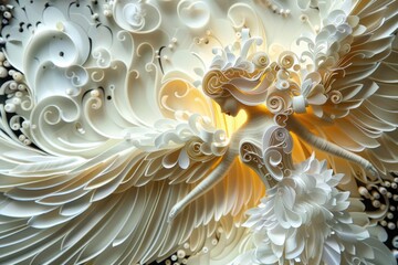 A detailed view of a cake with elegant white and gold decorations, suitable for celebrations