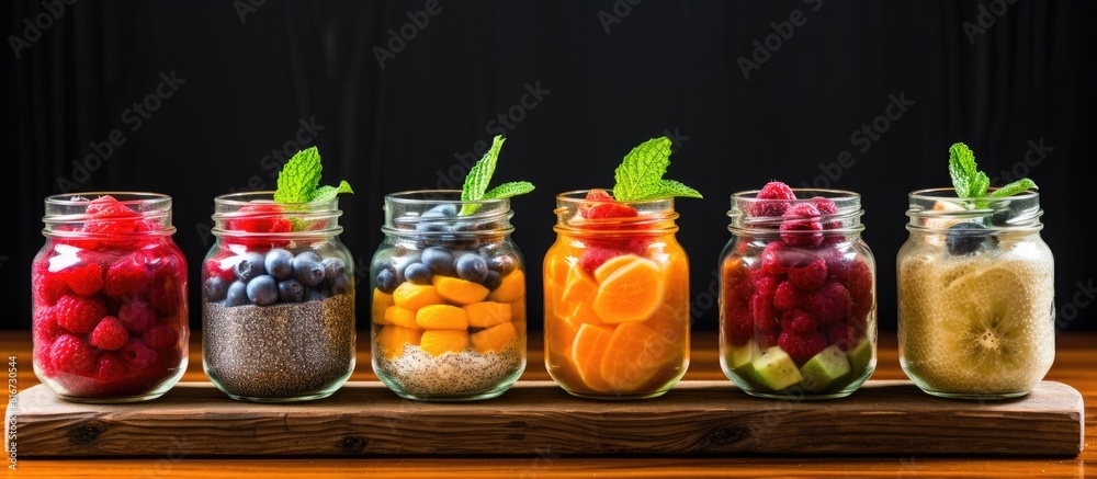 Aufkleber vintage jars filled with chia pudding and adorned with vibrant fresh fruits make for an eye catching
