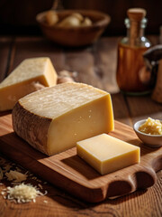Mature cheese on the rustic wooden table, healthy countryside lifestyle concept.
