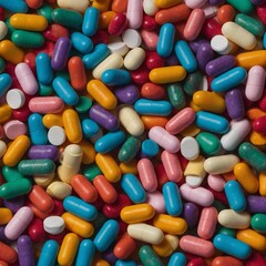 Vibrant array of capsules, tablets, each unique in shape, color, dominates frame. Randomness of their arrangement suggests haphazard scattering, with no discernible pattern, order.