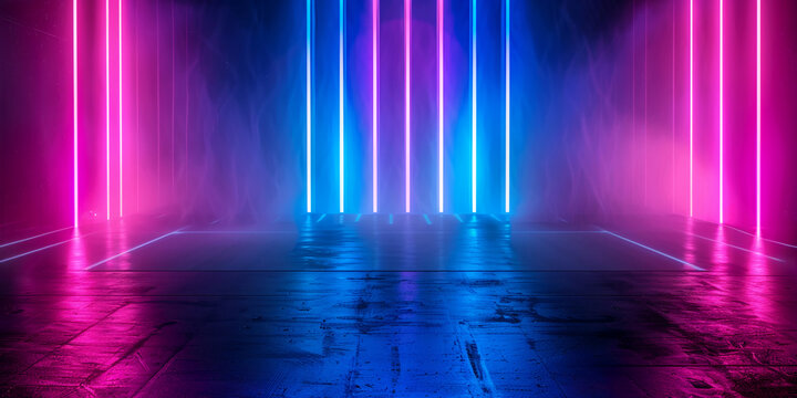 Abstract neon background with glowing blue and purple lines on a dark floor in an empty room, a virtual show stage in the style of a night club interior design, a mock up for presentation