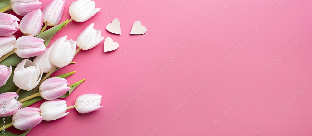 Poster the copy space image showcases a white frame adorned with paper hearts and tulip bouquet placed on a
