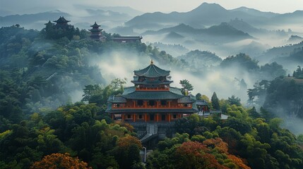 Chinese landscape, South China, There is a temple in the center, beautiful scenery, mountain...