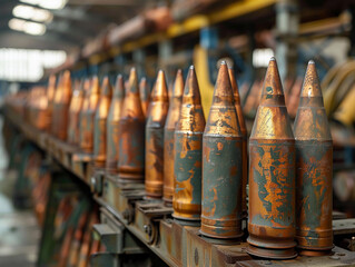 Rows of Old Artillery Shells in a Factory