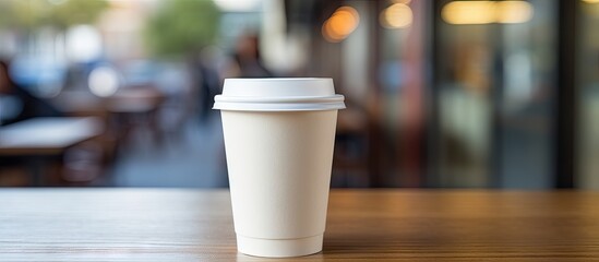 A white paper coffee cup can be seen while driving through a coffee shop The image contains empty space for additional content