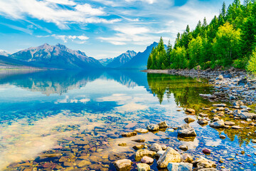 Scenic view of Lake McDonald in Glacier National Park Montana on a beautiful morning.