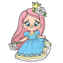 Cute cartoon longhaired girl in a princess dress with big flower in hand color variation on white background