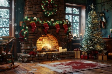 Festive holiday interior with a glowing fireplace, decorated christmas tree, and stockings