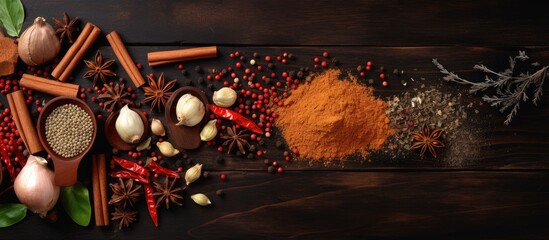 Spices for cooking along with kitchen accessories arranged on a rustic background with ample copy space image
