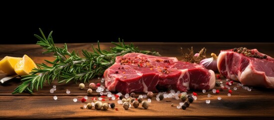 A copy space image of raw meat arranged on a rustic wooden table alongside garlic salt black pepper saffron and rosemary all prepared for cooking - Powered by Adobe