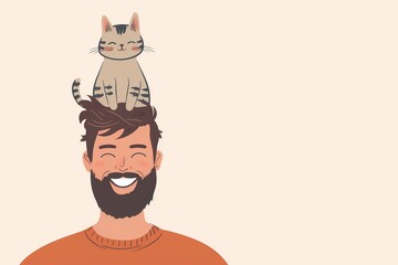 illustration of a man smiling with a cat on his head and copy space